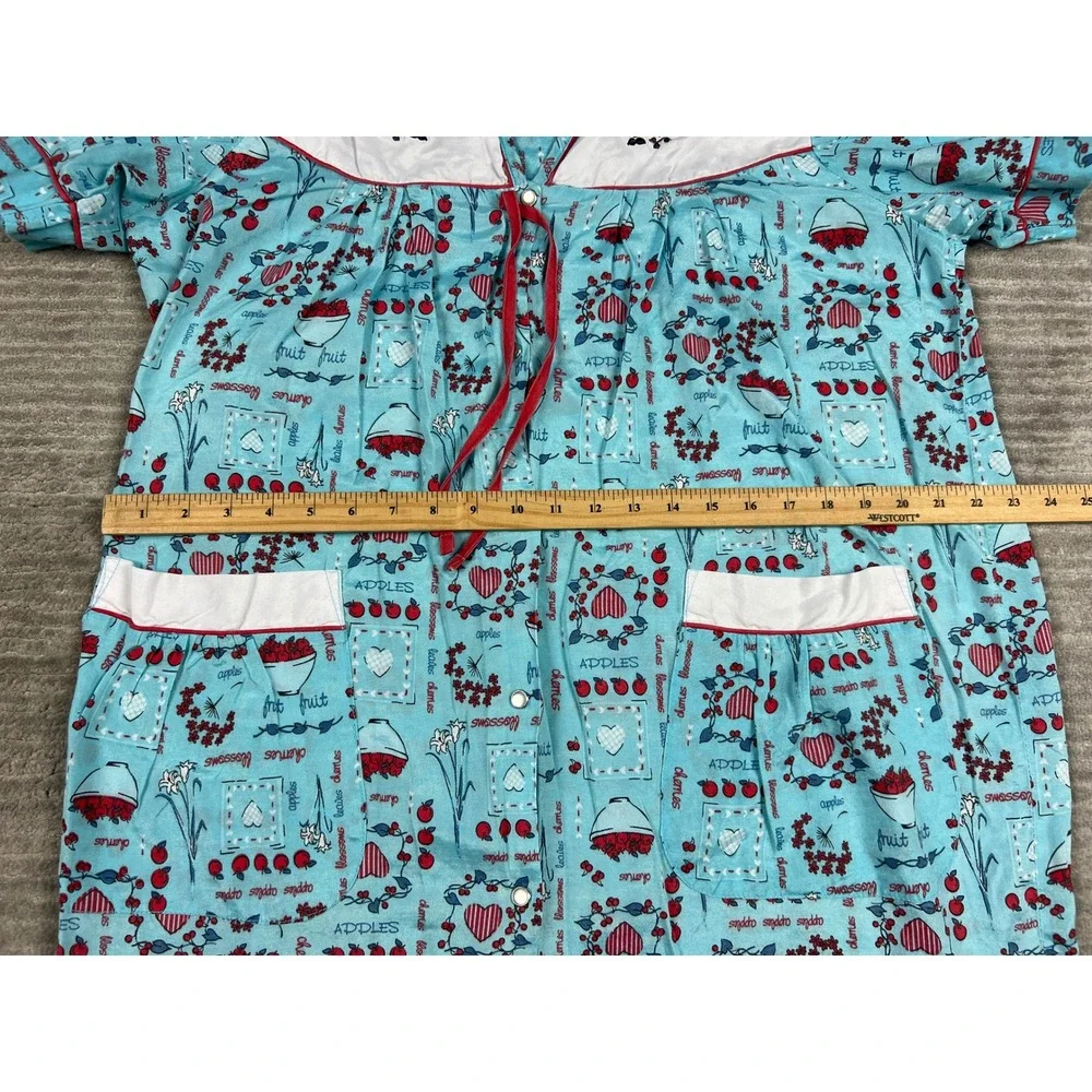 Moon Dance House Dress Women L Blue Fruit Hearts Snap Front Vintage Duster 93124 - Picture 8 of 13
